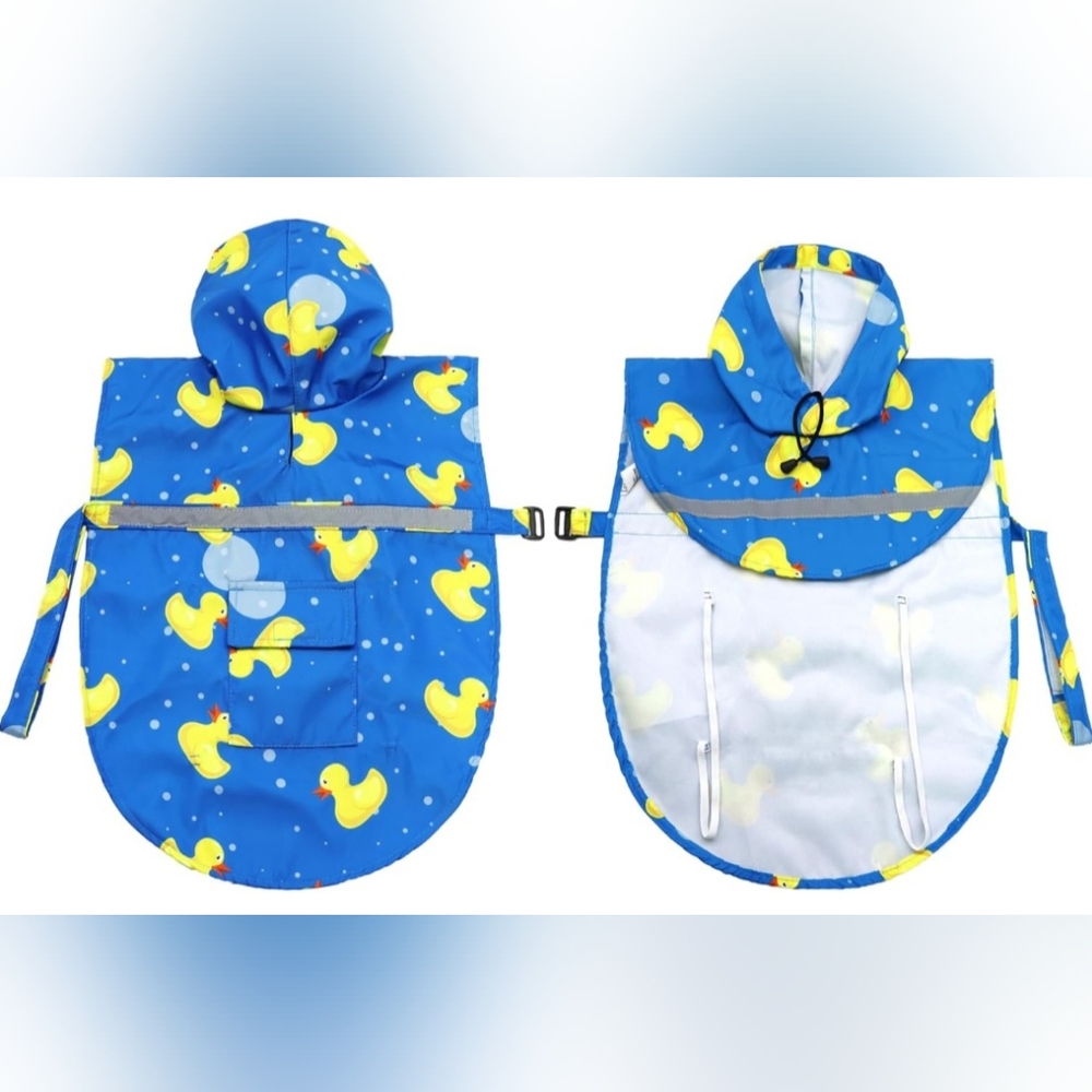 NWT Medium Dog Raincoat Adjustable Blue Yellow Rubber Ducks Strip Reflective